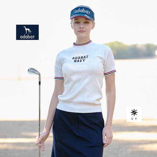 日本26春夏款adabat女士高尔夫服装运动时尚宽松条纹耐久抗UV短袖