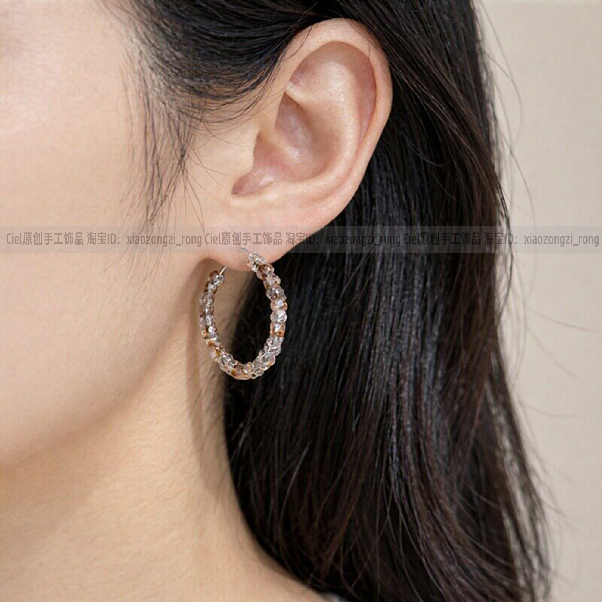 然铜发晶耳环耳圈通体S925纯银女