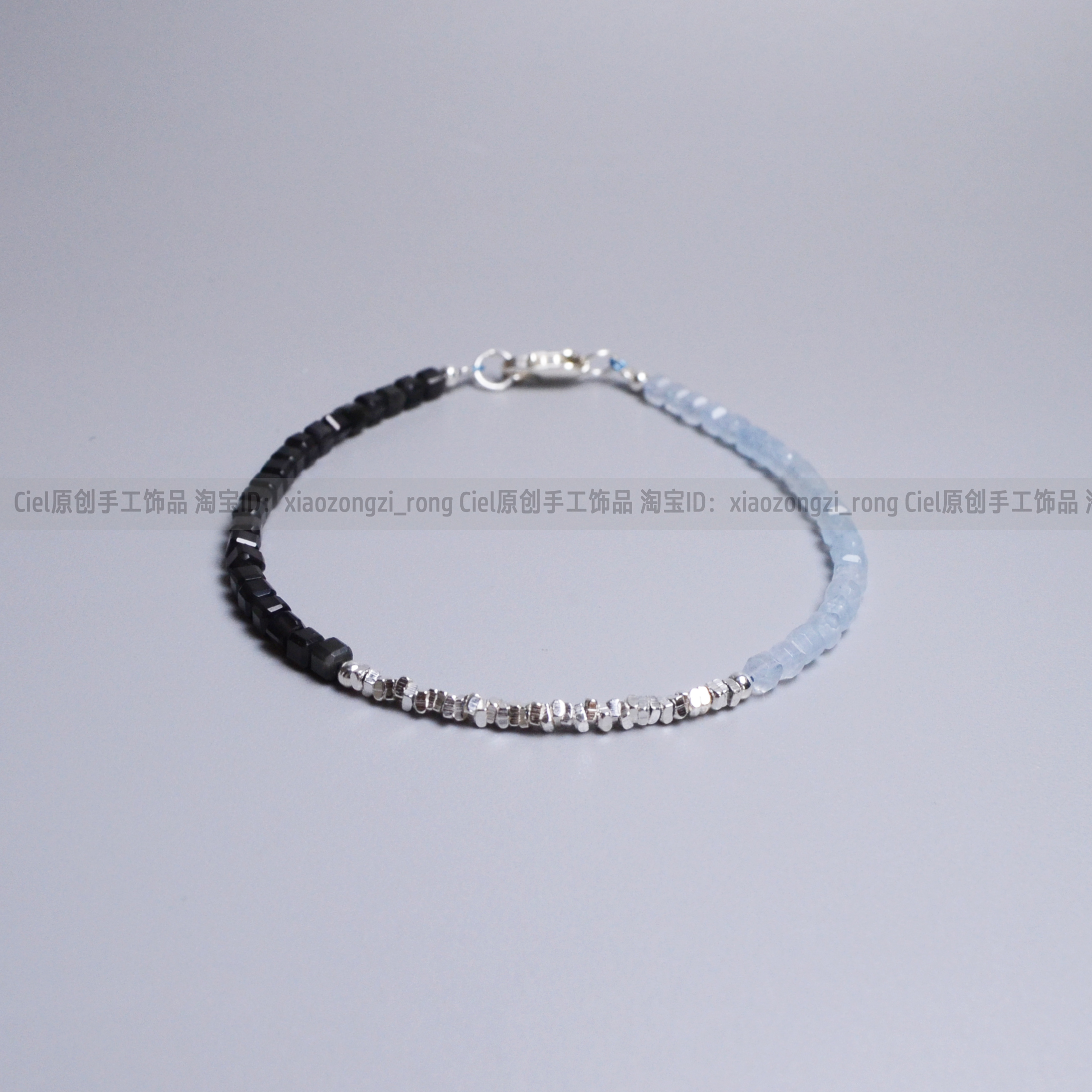 Ciel原创手工天然海蓝宝黑曜石2mm方糖珠925纯银方片手链脚链补水