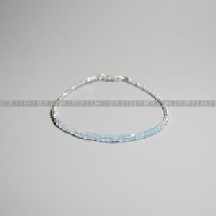 Ciel原创手工天然海蓝宝925纯银方片珠手链2mm方糖极细补水金脚链