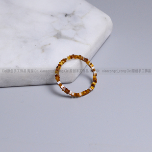 Ciel原创手工天然虎眼石戒指关节戒尾戒迷你小方片1.5mm极细袖 珍