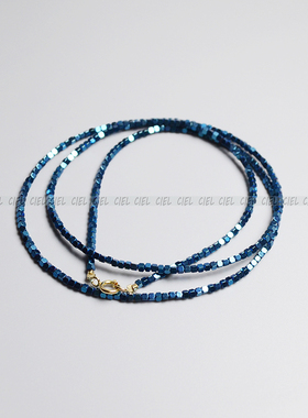 Ciel原创天然黑胆石手链三圈极细1.5mm方块珠脚链项链闪亮女蓝色