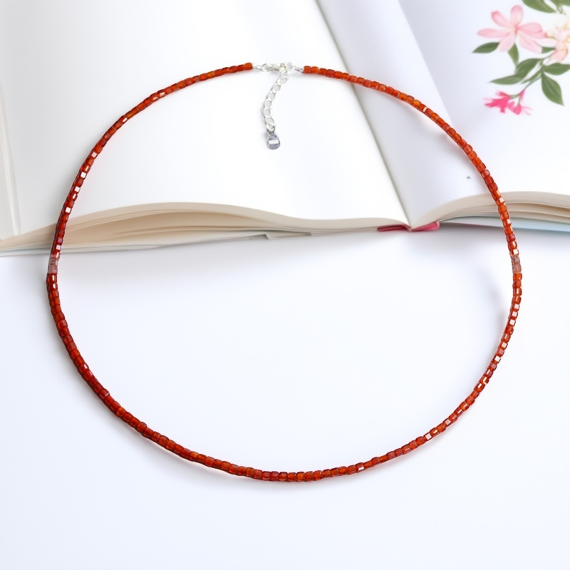 天然红玛瑙项链锁骨链2mm方糖珠