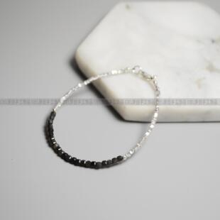 Ciel原创天然黑曜石方糖925纯银方片珠极细手链2mm补金水脚链女