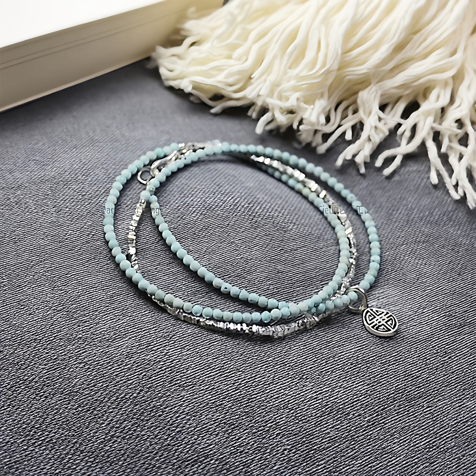 Ciel原创手工天然绿松石三圈手链极细珠2mm多圈手串925纯银碎银子