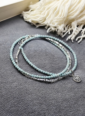 Ciel原创手工天然绿松石三圈手链极细珠2mm多圈手串925纯银碎银子