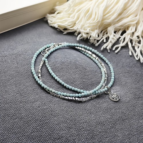 Ciel原创手工天然绿松石三圈手链极细珠2mm多圈手串925纯银碎银子