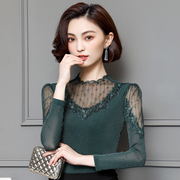 New bright silk mesh bottoming shirt women's spring and autumn 2022 Western style all-match high-neck hollow lace top with a small shirt