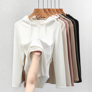 德绒打底衫 白色卫衣 女秋冬内搭双面磨毛加绒保暖上衣外穿连帽长袖