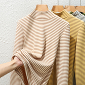 加绒加厚双面磨毛保暖内衣长袖 半高领条纹德绒打底衫 女秋冬季 上衣