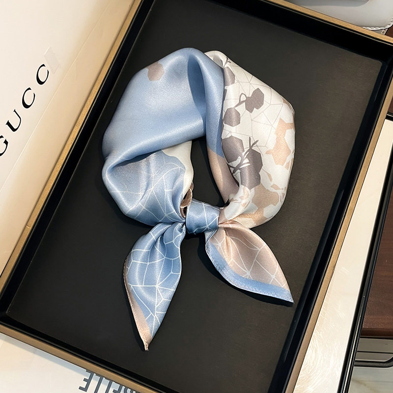 2024新款春夏韩国装饰领巾几何拼色真丝方巾100%桑蚕丝丝巾女围巾