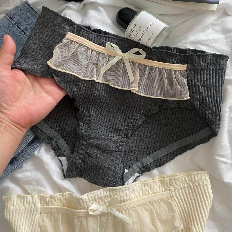 3条装 日系甜美网纱木耳花边蝴蝶结螺纹纯棉透气中腰女士三角内裤,女士内衣/男士内衣/家居服,女三角裤,淘宝优惠券,粉丝福利购,淘宝优惠卷