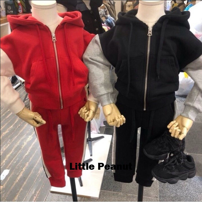 清 自造 韩国CHIC拼接运动服帽衫潮牌全棉套装 男宝女宝童装