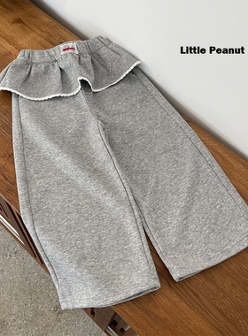浅灰色卫裤 含屁帘荷叶边休闲两穿裤 可收口 女宝中大童装110-150
