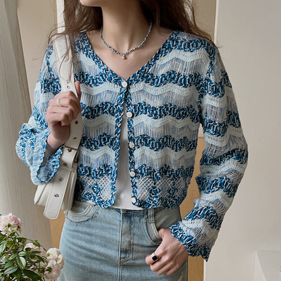 长袖针织衫宽松V领开衫