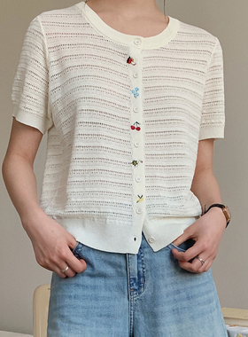 BORAN帛然韩系休闲针织开衫2025夏季新款百搭圆领短袖上衣女7169