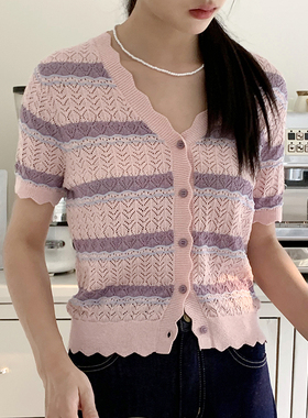 BORAN帛然韩系条纹短袖针织开衫2025年夏季新款V字领多巴胺上衣女