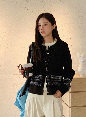 BORAN帛然费尔岛雪夜黑色羊毛修身毛衣开衫2025保暖毛织上衣9171