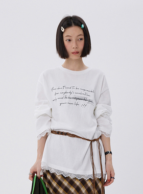 BORAN帛然简约字母印花拼接花边长袖T恤春秋新韩系显瘦上衣6065