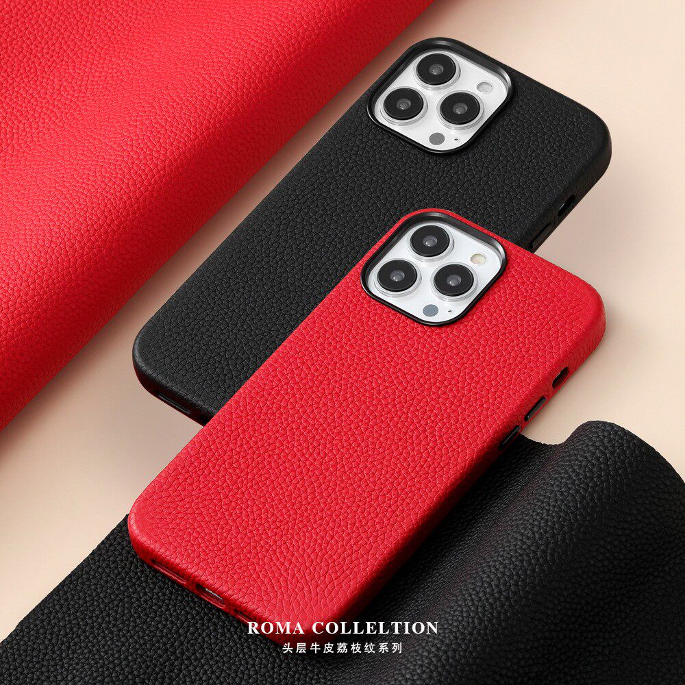适用苹果14手机壳真皮荔枝纹iphone13磁吸保护套12promax全包防摔