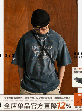 NOFAITH水洗做旧破坏印花短袖t恤男日系复古宽松休闲上衣潮情侣款