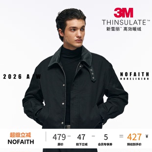 NOFAITH3M新雪丽牛皮领水洗夹克男翻领短阔工装复古通勤棉服W6305
