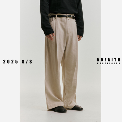 NOFAITH春秋季亚麻老钱风休闲裤男宽松垂感纯色百搭直筒长裤