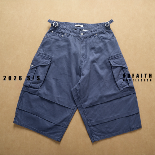 NOFAITH水洗做旧cargo工装短裤人字纹纯棉320G男夏宽松休闲七分裤