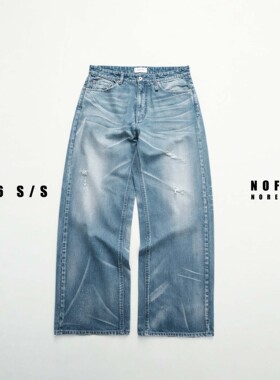 NOFAITH水洗做旧破洞重磅13.5oz牛仔裤男宽松休闲直筒长裤NK6114