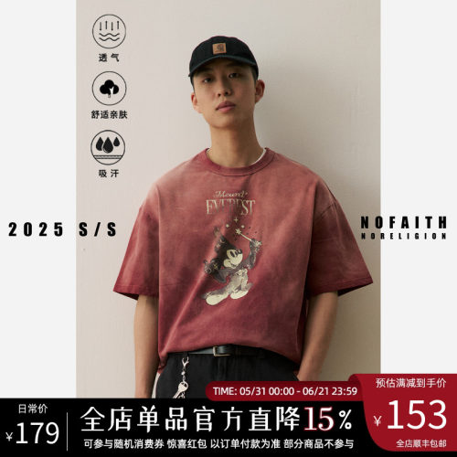 NOFAITH水洗做旧米老鼠vintage短袖t恤男夏季纯棉宽松打底情侣t潮