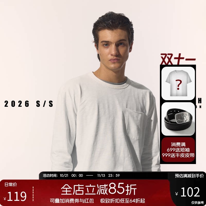 NOFAITH秋季100%竹节棉卷边口袋长袖t恤男宽松百搭休闲打底衫上衣