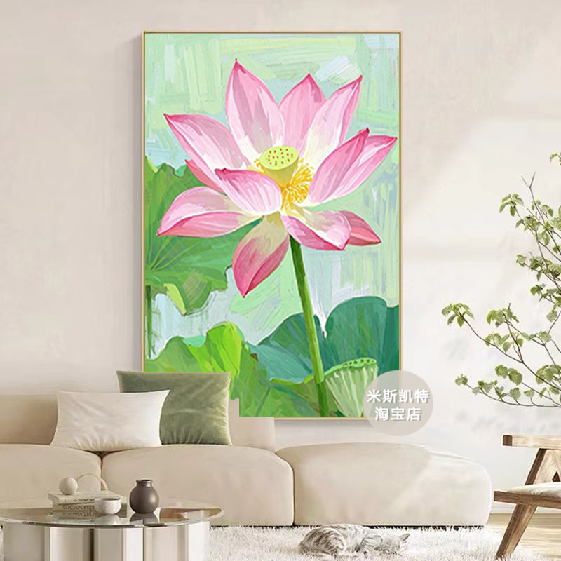奶油风荷花沙发背景墙壁画小清新莲花书房装饰画油画高档客厅挂画图片