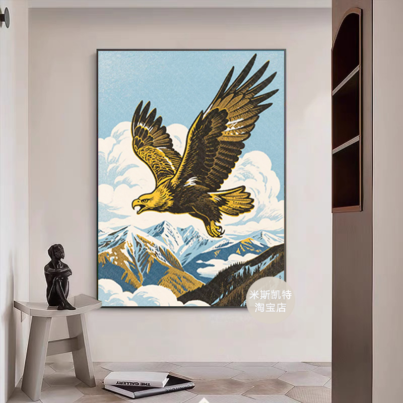 大展宏图装饰画美式复古油画动物老鹰玄关走廊客厅挂画民宿高级画图片