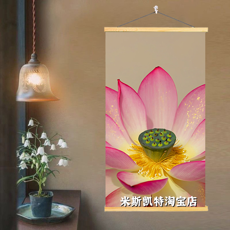 荷花图布艺挂画卷轴挂布背景布中国风禅意卧室客厅玄关古风装饰画图片
