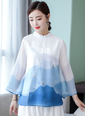 龙拳春夏秋冬太极服古典文艺中式改良汉服女复古印花渐变蓝色雪纺