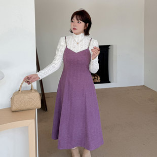 气质连衣裙2025秋冬新款220斤胖mm大码法式收腰毛呢吊带裙两件套