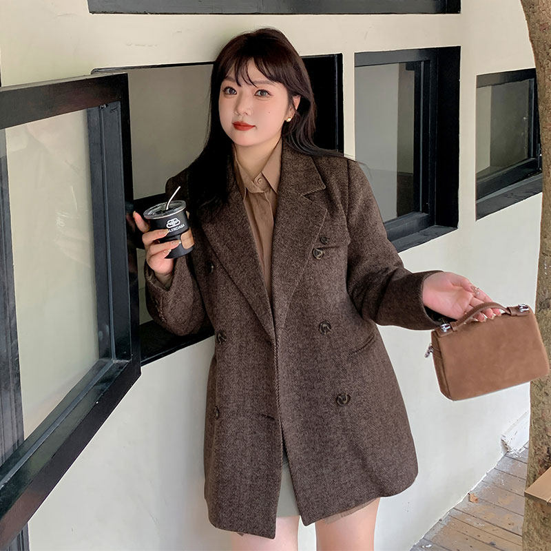 毛呢西装外套女2025冬季新款220斤胖mm大码韩版复古宽松显瘦大衣