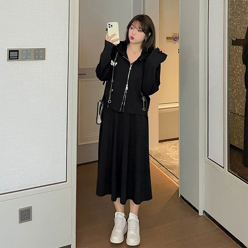 酷盐系少女穿搭套装2022春新款220斤胖mm大码休闲显瘦卫衣半身裙