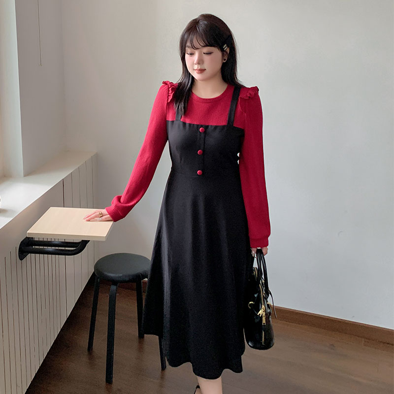 胖mm甜美减龄收腰显瘦拼色连衣裙