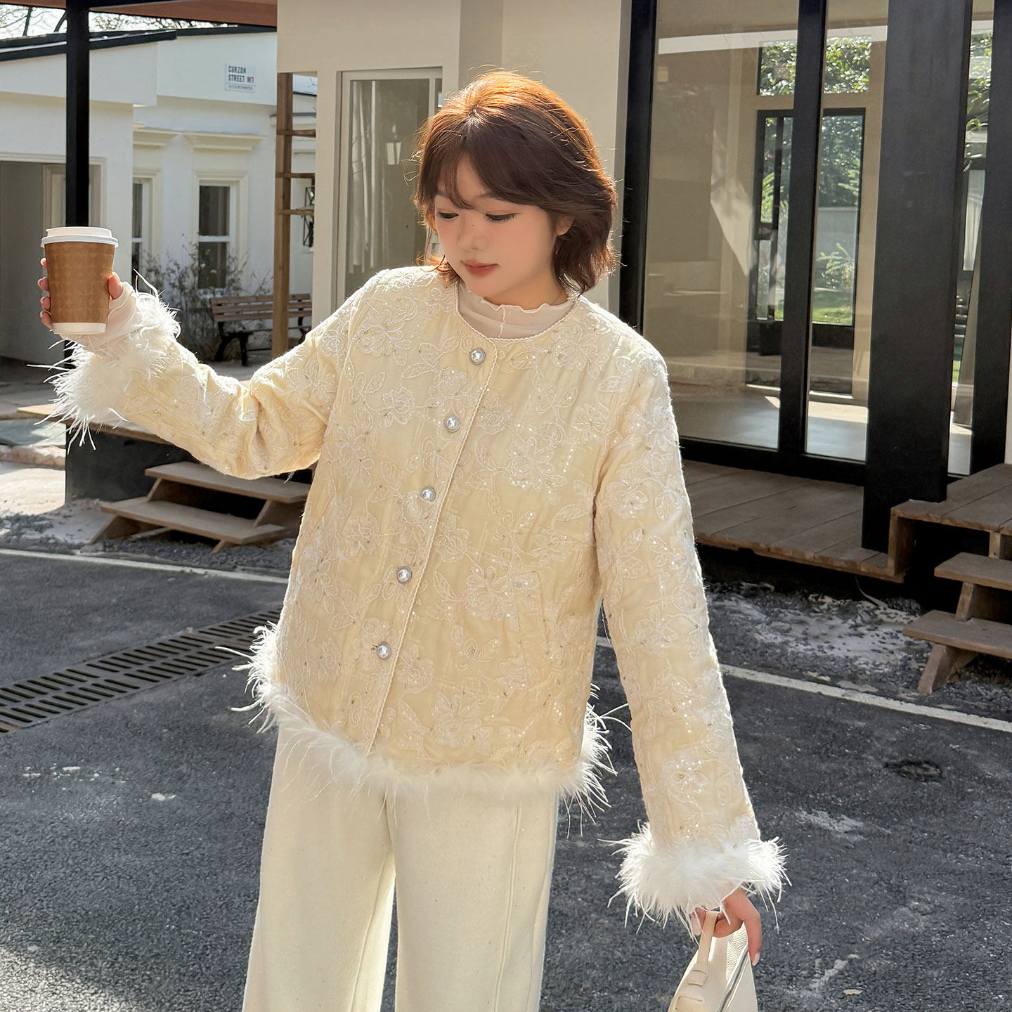 新中式外套2025冬季新款220斤胖mm大码气质显瘦夹棉保暖毛边外套,女装/女士精品,常规大码外套,淘宝优惠券,粉丝福利购,淘宝优惠卷