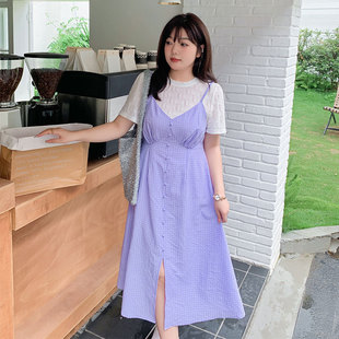 甜美连衣裙2024夏季 紫色显瘦格子吊带裙两件套 新款 220斤胖mm大码