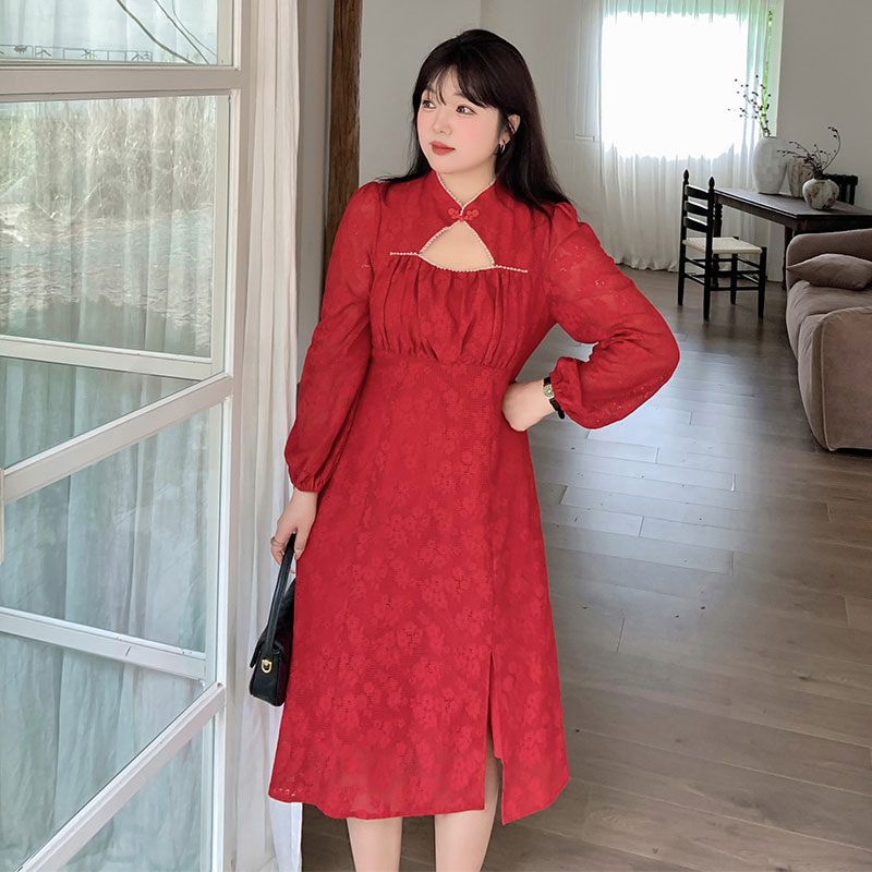 胖mm新中式蕾丝复古改良开叉旗袍