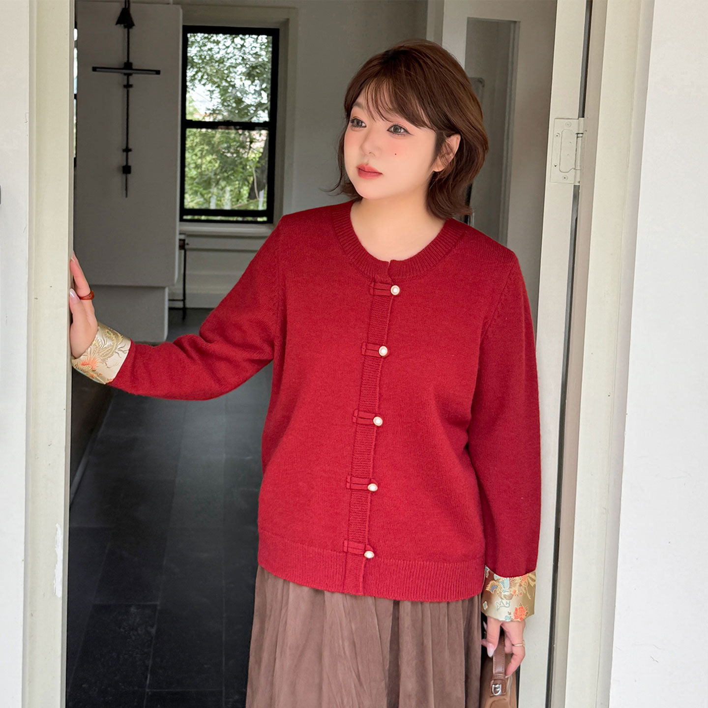 胖mm新中式国风显瘦红色针织衫