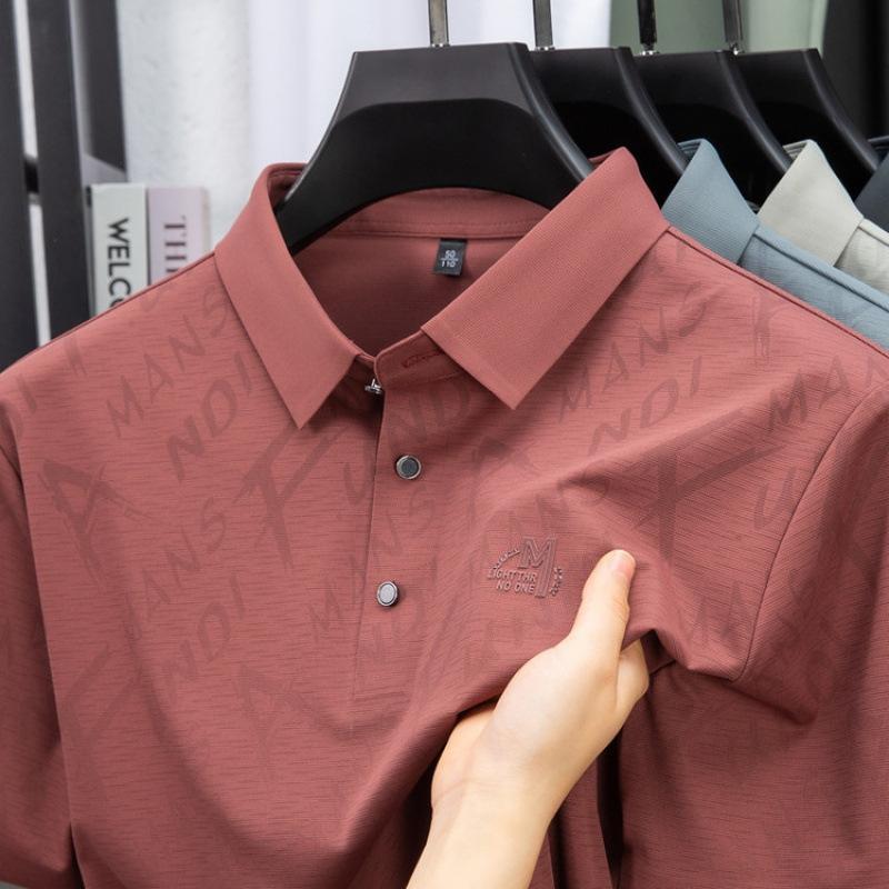 polo衫男夏季薄款粉色t恤短袖夏装冰丝爸爸婚宴装结婚礼服喜公公