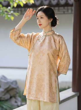 【承晏】260435L春夏新款显瘦新中式七分袖宽松国风提花圆领