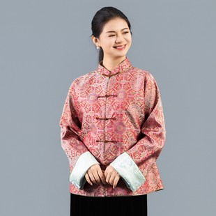 【八大韵红】直襟薄款长袖常规厚款提花上衣中国风民族风棉服秋冬