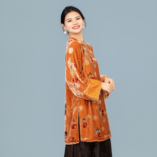 【未央宫】斜襟中长款长袖丝绒上衣提花复古衬衣中式宽松250951L