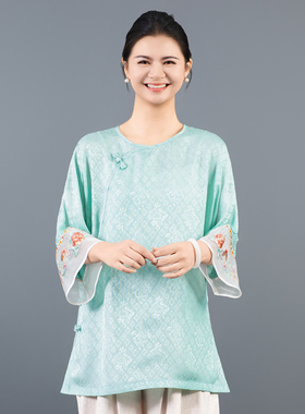 【倾城】圆领中袖薄款上衣女士宽松文艺唐装富家千金风250602S