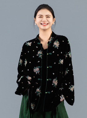 【露浓】丝绒绣片圆领拼接长袖厚款上衣秋季中国风休闲春秋250835
