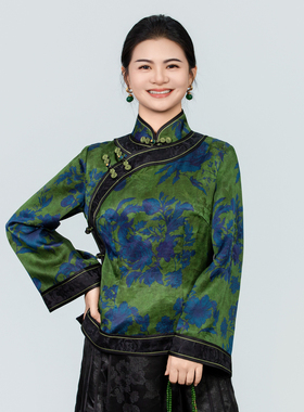 【 兰皋】斜襟拼接短款长袖立领常规款上衣日常复古251003T